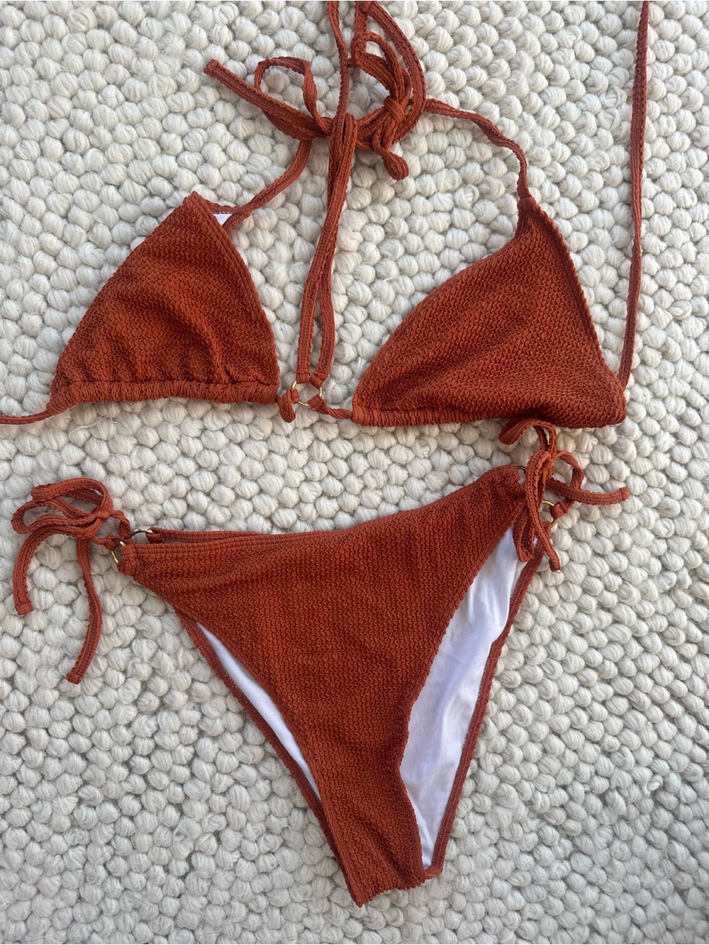 SHEIN Rust Orange Textured Triangle Tie-Side Bikini